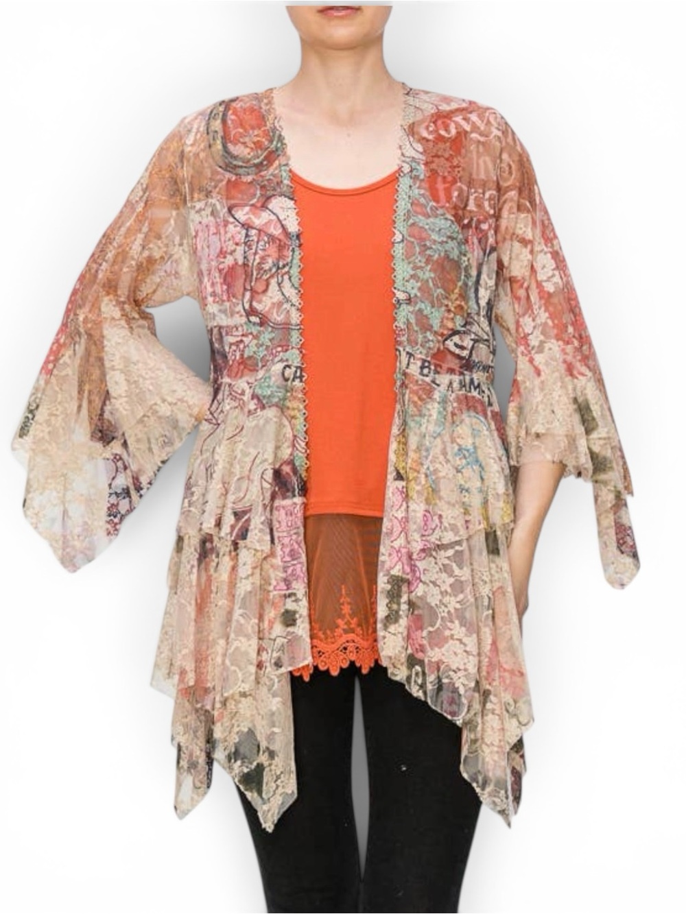 CAN'T BE TAMED Hi Low Tiered Boho Lace Cardigan Duster NWOT Origami